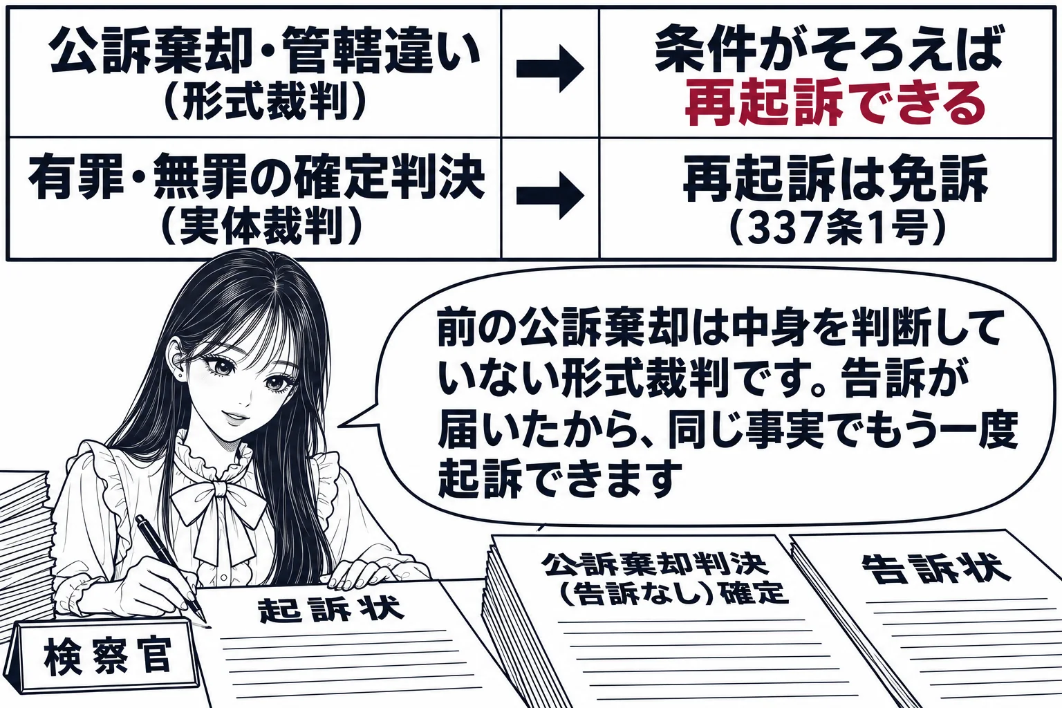 検察庁の検察官室の場面。先生が検察官役（札「検察官」）で机に座り、机の上に「公訴棄却判決（告訴なし）確定」と書かれた判決書の写しと、その横に新しく届いた「告訴状」。先生は新しい起訴状を書いている。壁の掲示に二列の表「公訴棄却・管轄違い（形式