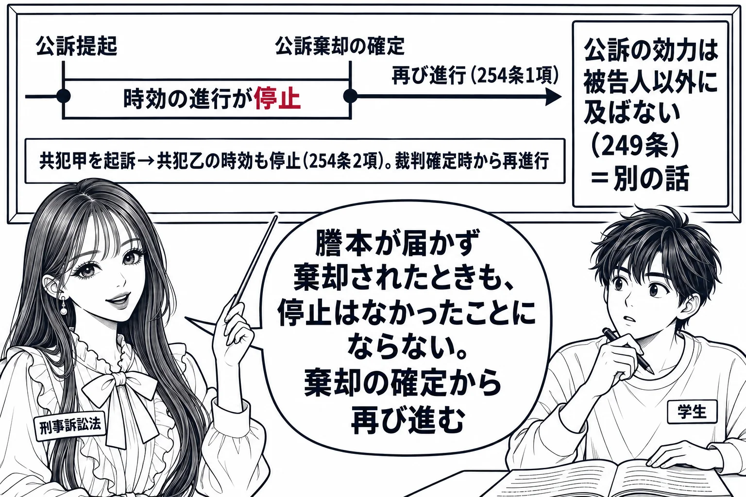 大学の教室の場面。先生が教師役（札「刑事訴訟法」）で黒板の前に立ち、黒板に時間の矢印の図。矢印の上に「公訴提起」の目盛りがあり、そこから「時効の進行が停止」と書いた帯が伸び、「公訴棄却の確定」の目盛りで帯が終わって「再び進行（254条1項）
