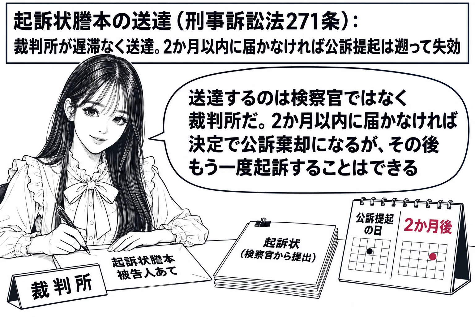 裁判所の書記官室の場面。先生が裁判所書記官役（札「裁判所」）で机に座り、「起訴状謄本 被告人あて」と書いた封筒に宛名を書いている。机の上に「起訴状（検察官から提出）」と、めくり式のカレンダーに「公訴提起の日」と「2か月後」の印。壁の掲示に「
