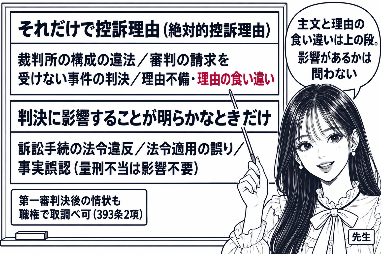 教室の板書の場面。先生が黒板の前に立ち、黒板に二段の表が書かれている。上段の見出し「それだけで控訴理由（絶対的控訴理由）」、その下に「裁判所の構成の違法／審判の請求を受けない事件の判決／理由不備・理由の食い違い」。下段の見出し「判決に影響す