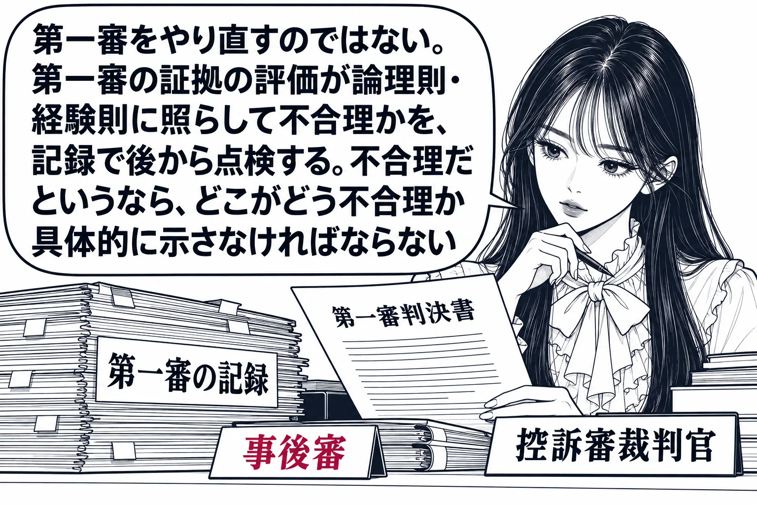 高等裁判所の裁判官室の場面。先生が裁判官役（札「控訴審裁判官」）で机に向かい、分厚い記録（札「第一審の記録」）と第一審判決書を読んでいる。机の上に小さな札「事後審」。先生の吹き出し「第一審をやり直すのではない。第一審の証拠の評価が論理則・経