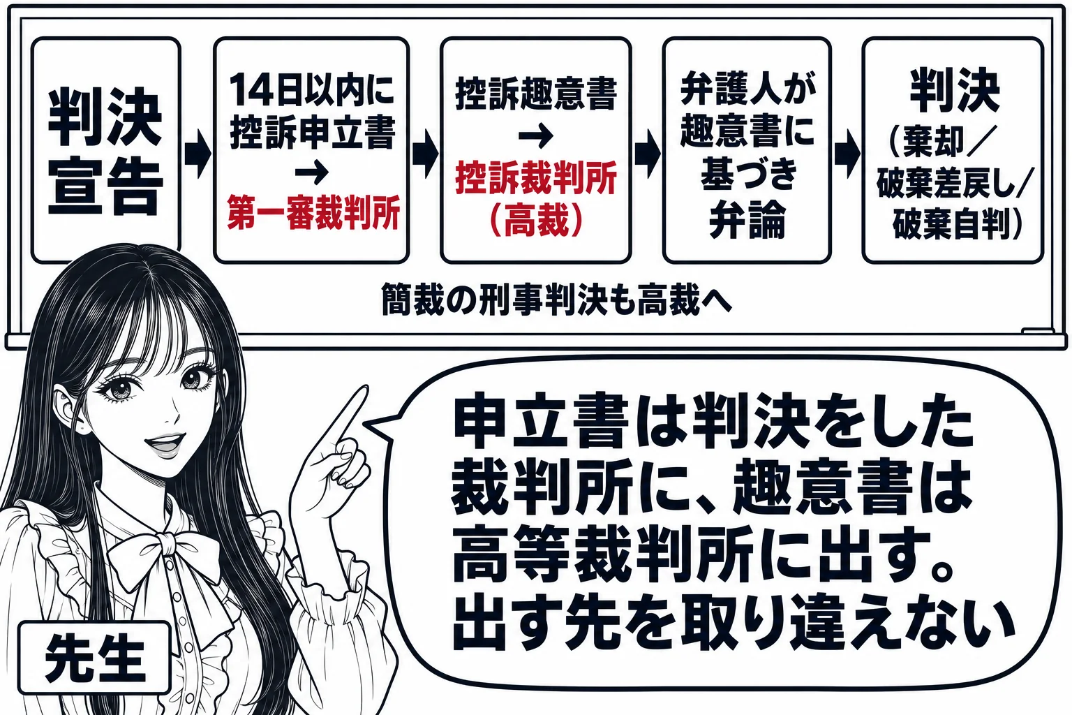 教室の板書の場面。先生が黒板の前に立ち、黒板に左から右へ流れる矢印の図が描かれている。「判決宣告」→「14日以内に控訴申立書→第一審裁判所」→「控訴趣意書→控訴裁判所（高裁）」→「弁護人が趣意書に基づき弁論」→「判決（棄却／破棄差戻し／破棄