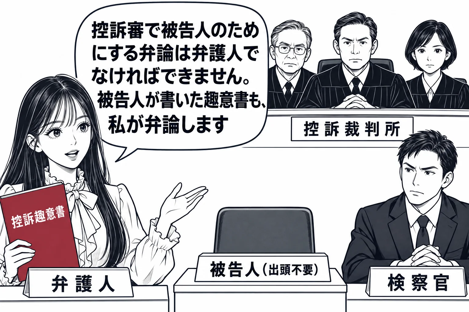 高等裁判所の法廷の場面。先生が弁護人役（札「弁護人」）で立って控訴趣意書と書かれた書面を手に弁論している。法壇に三人の裁判官（札「控訴裁判所」）。被告人席は空いていて札「被告人（出頭不要）」。検察官席に男性（札「検察官」）。先生の吹き出し「