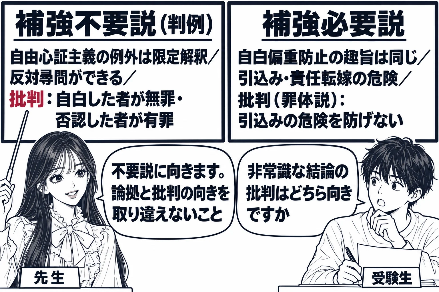 教室の場面。先生が教師役（札「先生」）で黒板の前に立ち、指し棒で板書を指している。黒板は左右二つの枠に分かれ、左の枠の見出し「補強不要説（判例）」の下に「自由心証主義の例外は限定解釈／反対尋問ができる／批判：自白した者が無罪・否認した者が有