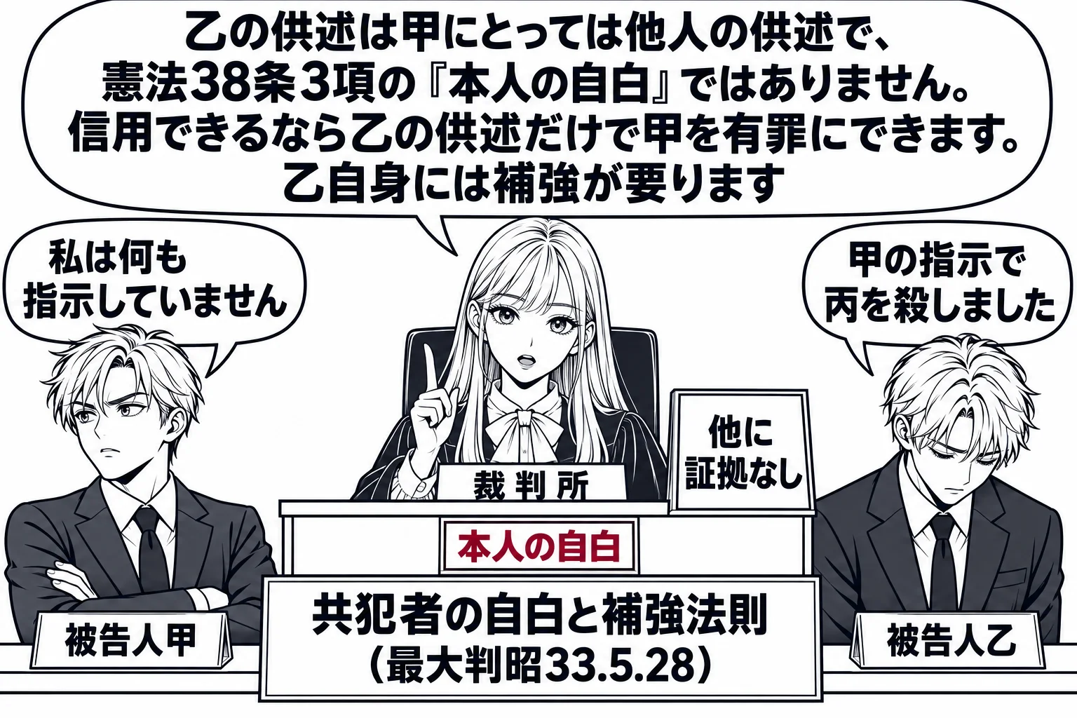 法廷の場面。先生が裁判官役（札「裁判所」）で法壇に座り、被告人席に二人の男性が離れて座っている。左の男性（札「被告人甲」）が腕を組んで吹き出し「私は何も指示していません」。右の男性（札「被告人乙」）がうつむいて吹き出し「甲の指示で丙を殺しま
