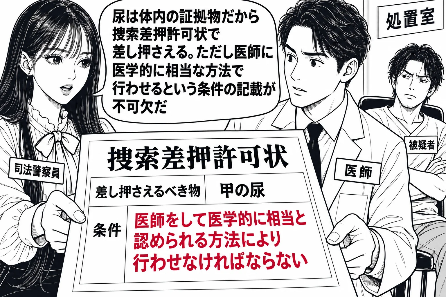 病院の処置室の前の廊下の場面。先生が警察官役（札「司法警察員」）で、白衣の男性（札「医師」）に一枚の令状を渡している。令状の紙面に「捜索差押許可状／差し押さえるべき物 甲の尿／条件 医師をして医学的に相当と認められる方法により行わせなければ