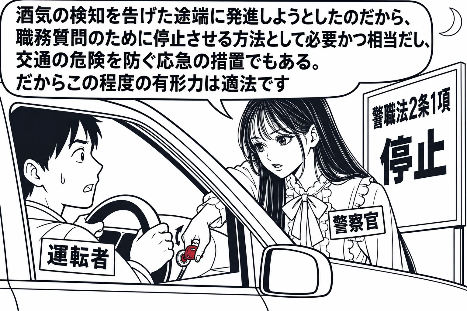 夜の路上の場面。停止した乗用車の運転席に男性（札「運転者」）が乗り込み、ハンドルを握って発進させようとしている。先生が警察官役（札「警察官」）で、開いた運転席の窓から腕を差し入れ、エンジンキーを回してスイッチを切っている。先生の吹き出し「酒