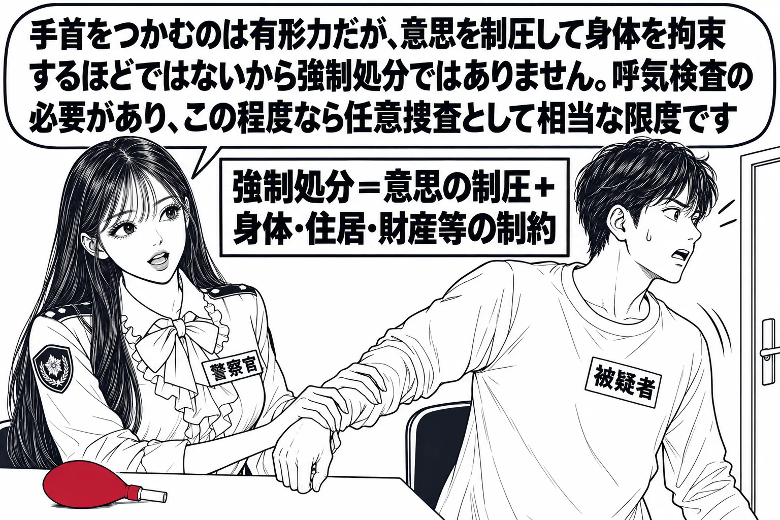 警察署の取調室の場面。机の上に呼気検査用の風船が置かれ、男性（札「被疑者」）が椅子から立ち上がってドアへ向かおうとしている。先生が警察官役（札「警察官」）で、両手で被疑者の左手首を軽くつかんで引き止めている。先生の吹き出し「手首をつかむのは