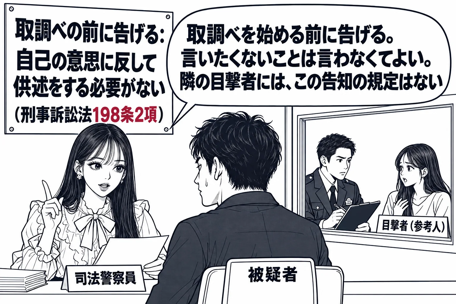 警察署の取調室の場面。先生が司法警察員役（札「司法警察員」）で机に座り、向かいに男性（札「被疑者」）が座っている。隣の部屋が窓越しに見え、そこでは別の警察官の男性が女性（札「目撃者（参考人）」）から話を聞いている。先生の側の壁の掲示に「取調