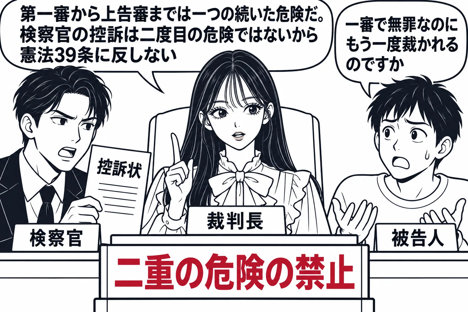 法廷の場面。先生が裁判長役（札「裁判長」）で法壇に座り、検察官席の男性（札「検察官」）が控訴状と書かれた紙を掲げている。被告人席の男性（札「被告人」）の吹き出し「一審で無罪なのに、もう一度裁かれるのですか」。先生の吹き出し「第一審から上告審