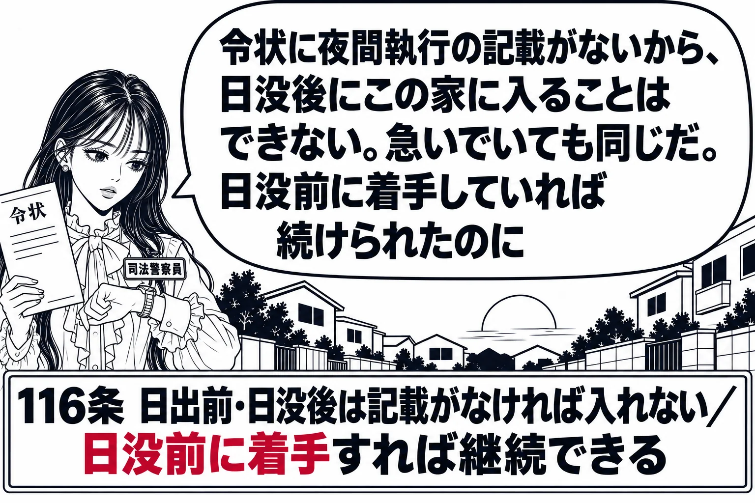 夕暮れの住宅街の路上の場面。先生が警察官役（札「司法警察員」）で、腕時計を見ながら令状を持っている。空に沈みかけの太陽。背景の家の窓は暗い。先生の吹き出し「令状に夜間執行の記載がないから、日没後にこの家に入ることはできない。急いでいても同じ