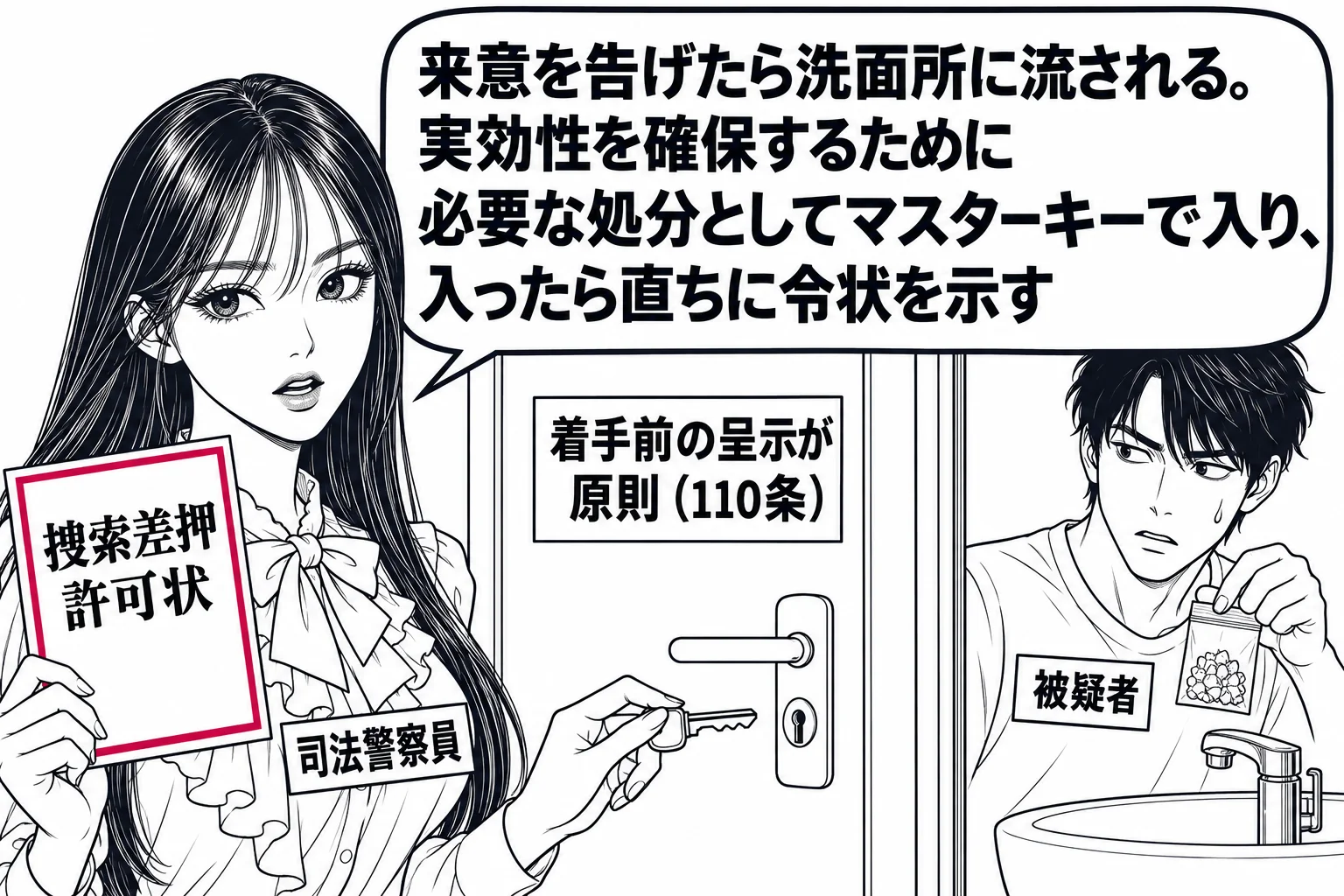 ホテルの客室の廊下の場面。先生が警察官役（札「司法警察員」）で、施錠された客室のドアの前に立ち、片手にマスターキー、もう片手に「捜索差押許可状」と書かれた令状を持っている。ドアの向こうに洗面所の流しのシルエットと、覚醒剤の袋を持った男性（札
