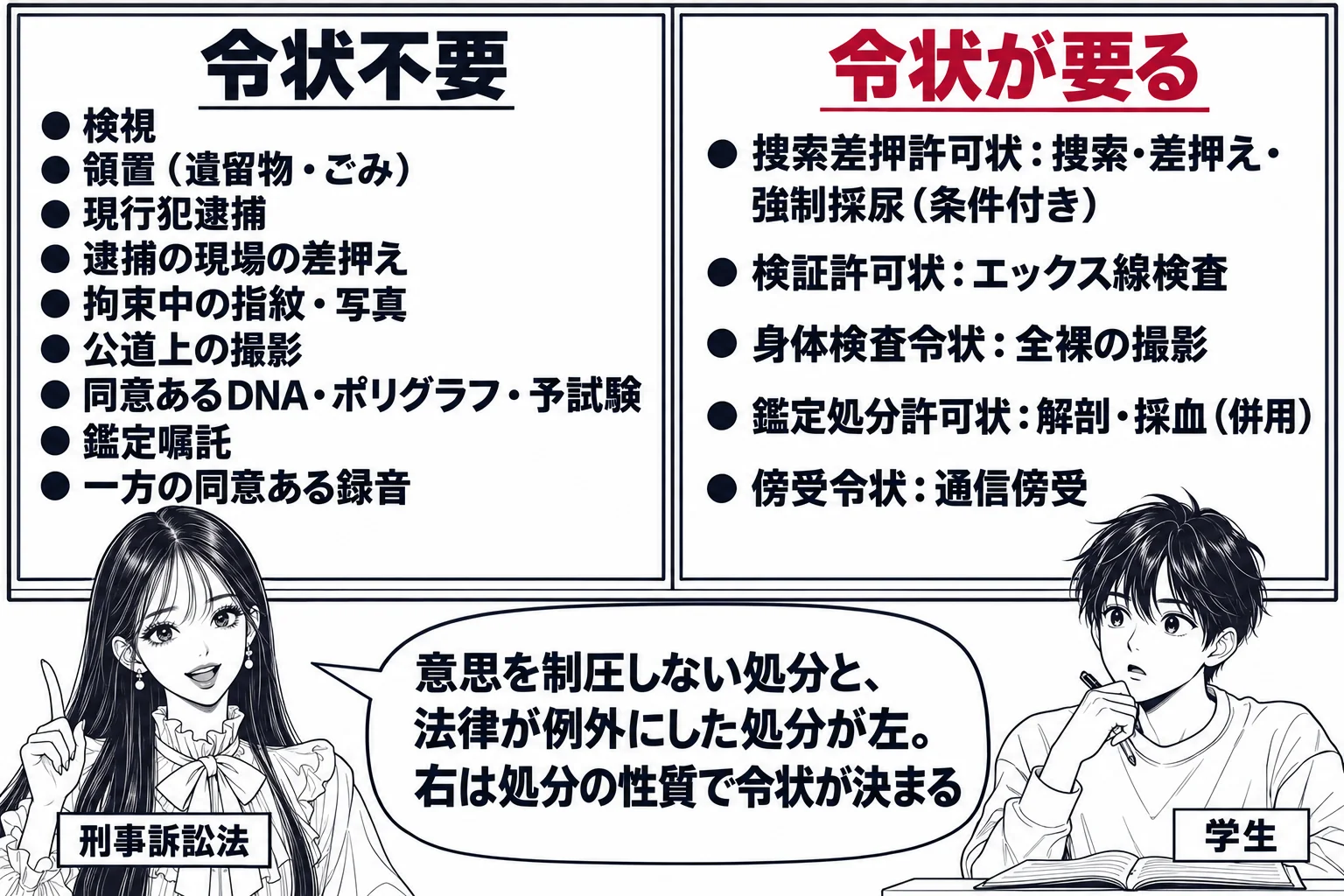 大学の教室の場面。先生が教師役（札「刑事訴訟法」）で黒板の前に立つ。黒板に左右二つの大きな枠。左の枠の見出し「令状不要」、中に「検視／領置（遺留物・ごみ）／現行犯逮捕／逮捕の現場の差押え／拘束中の指紋・写真／公道上の撮影／同意あるDNA・ポ