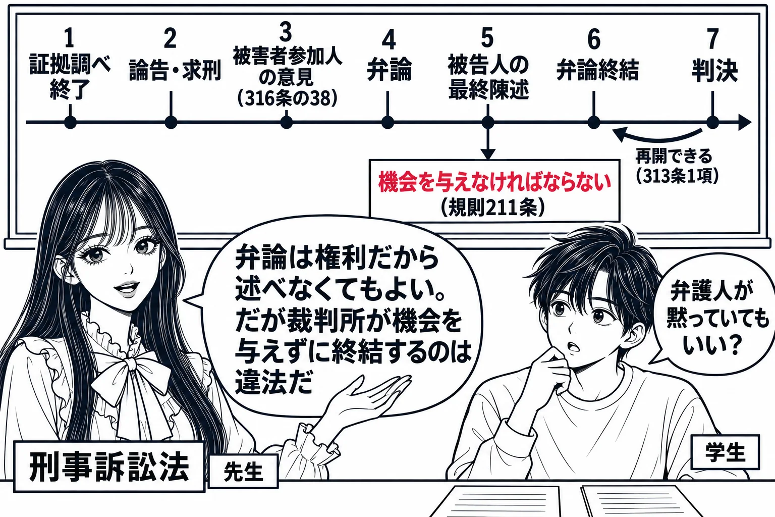 大学の教室で先生が教師役（札「刑事訴訟法」）が黒板の前に立つ場面。黒板に横一本の時間の線があり、左から「証拠調べ終了」「論告・求刑」「被害者参加人の意見（316条の38）」「弁論」「被告人の最終陳述」「弁論終結」「判決」の目盛り。「弁論終結