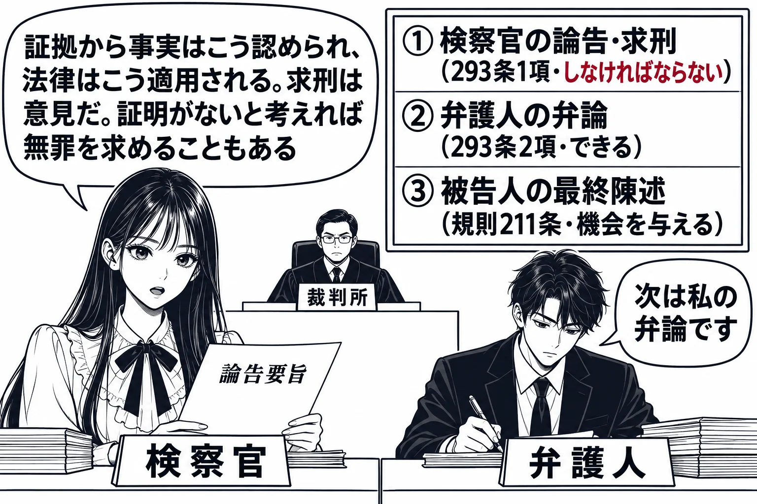 法廷の論告の場面。先生が検察官役（札「検察官」）で検察官席に立ち、手元の論告要旨を読み上げている。法壇の裁判官（札「裁判所」）は小さく遠景、弁護人席に男性（札「弁護人」）が座ってメモを取り、「次は私の弁論です」と小さな吹き出し。法壇の脇の進
