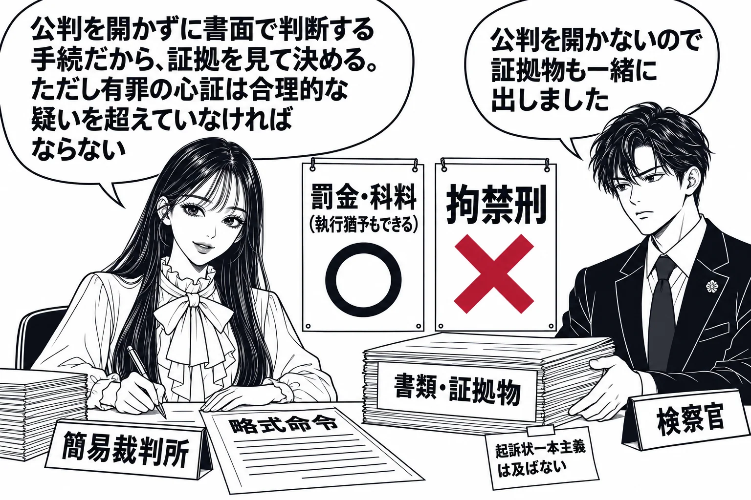 簡易裁判所の裁判官室で略式命令を書く場面。先生が裁判官役（札「簡易裁判所」）で机に向かい、机の上に検察官から届いた書類の束（札「書類・証拠物」）と書きかけの「略式命令」。壁に二枚の貼り紙、「罰金・科料（執行猶予もできる）」に丸印、「拘禁刑」