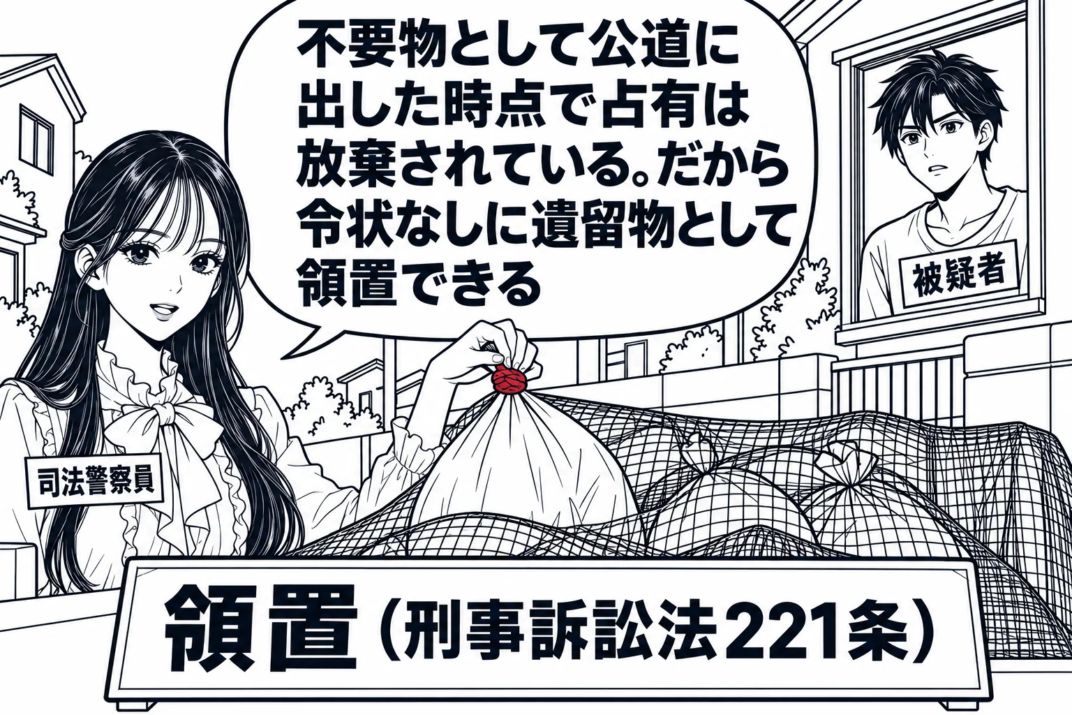 早朝の住宅街の公道上のごみ集積所の場面。先生が警察官役（札「司法警察員」）で、網のかかったごみ集積所から一つのごみ袋を持ち上げている。背景の家の窓から男性（札「被疑者」）がこちらを見ている。先生の吹き出し「不要物として公道に出した時点で占有