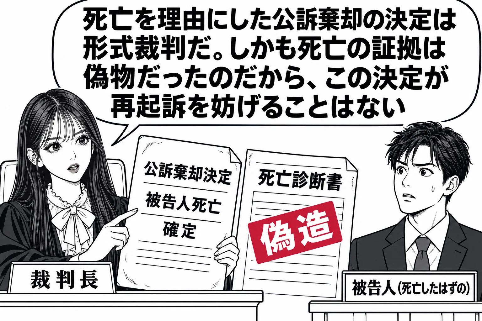 法廷の場面。先生が裁判長役（札「裁判長」）で法壇に座り、被告人席に生きて立っている男性（札「被告人（死亡したはずの）」）。先生の手元に古い書類「公訴棄却決定 被告人死亡 確定」と、横に偽造の死亡診断書（札「偽造」）。先生の吹き出し「死亡を理