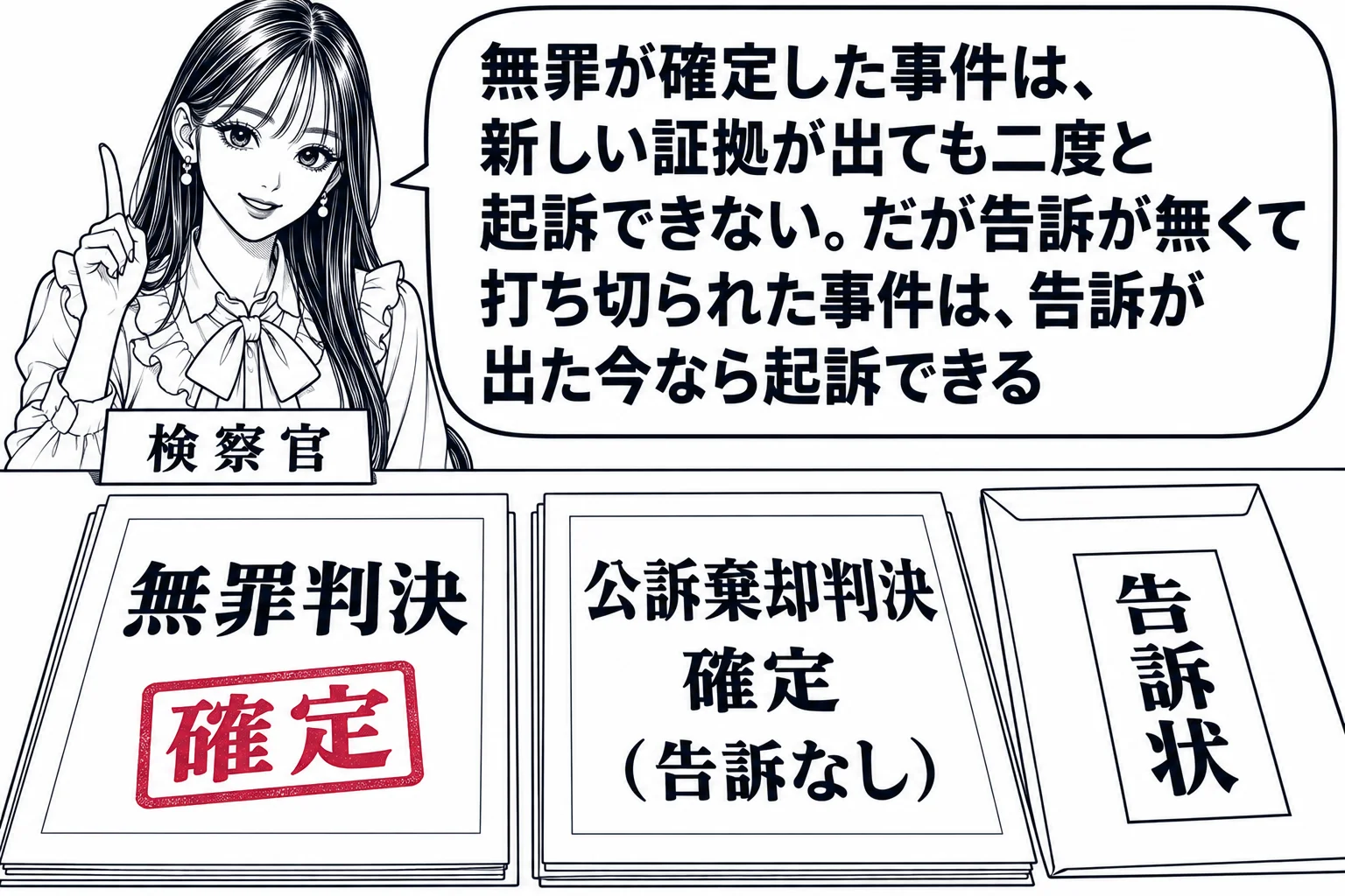 検察庁の執務室の場面。先生が検察官役（札「検察官」）で机に向かい、机の上に二つの書類が並んでいる。左の書類に「無罪判決 確定」と大きな判、右の書類に「公訴棄却判決 確定（告訴なし）」の判。右の書類の横に新しい封筒（札「告訴状」）が置かれてい