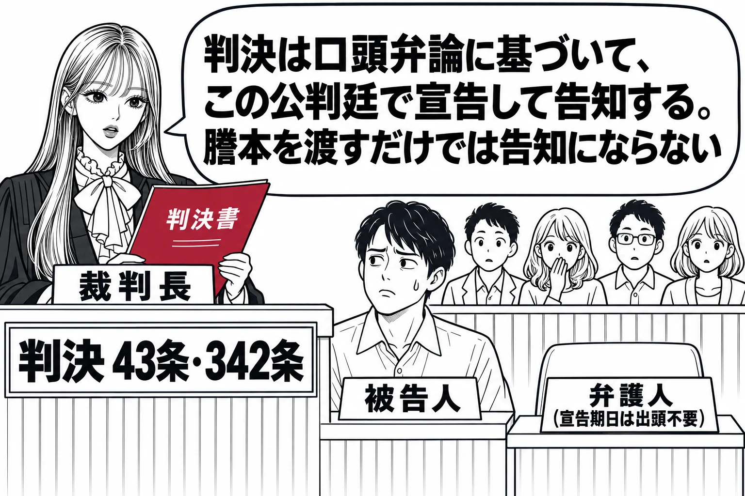 法廷の場面。先生が裁判長役（札「裁判長」）で法壇に立ち、判決書を手に主文を読み上げている。被告人席に男性（札「被告人」）、傍聴席に数人。弁護人席は空いていて札「弁護人（宣告期日は出頭不要）」が置かれている。先生の吹き出し「判決は口頭弁論に基