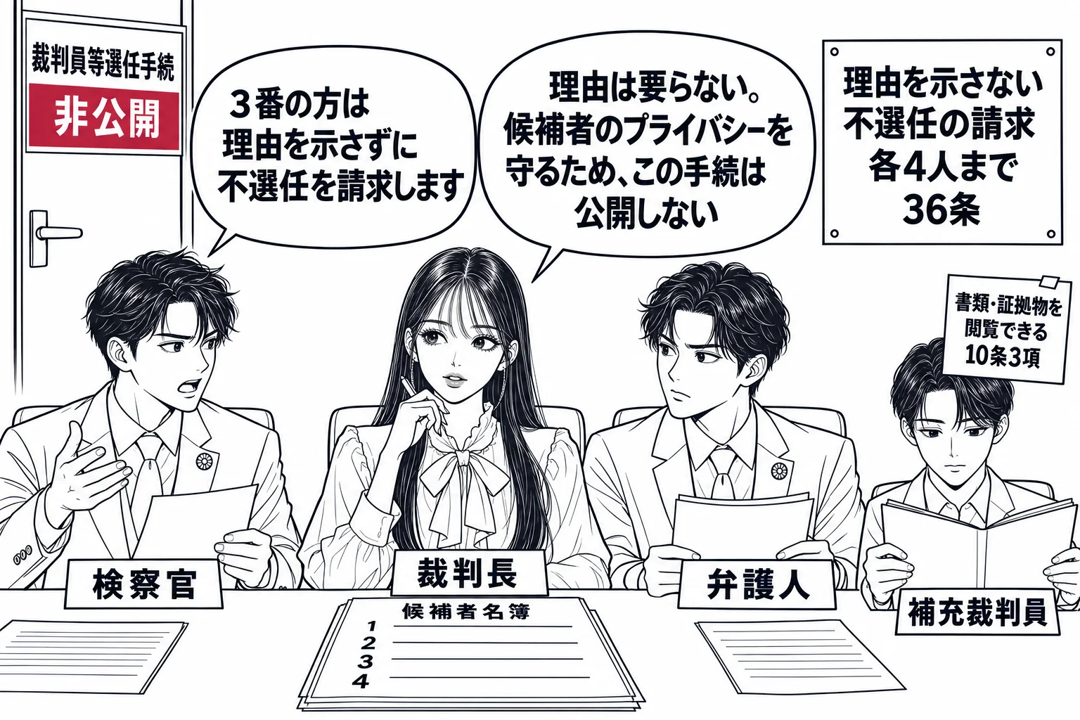 裁判所の選任手続室の場面。入口のドアに「裁判員等選任手続 非公開」の札。室内で先生が裁判長役（札「裁判長」）が机に座り、机の上に候補者名簿。両脇に男性の検察官（札「検察官」）と弁護士バッジの男性（札「弁護人」）が座り、検察官が「3番の方は理