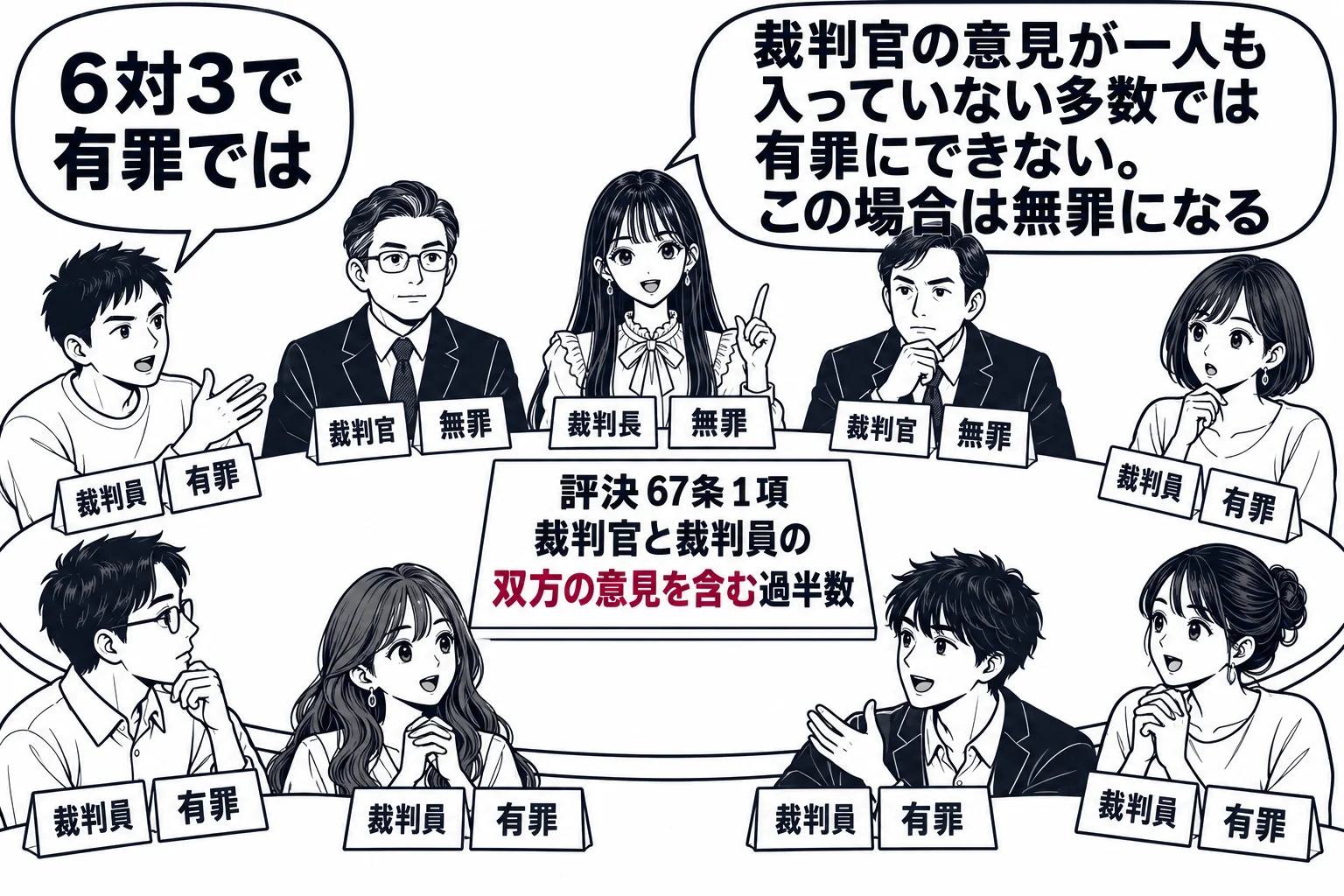 評議室で評決をとる場面。先生が裁判長役（札「裁判長」）が丸いテーブルの中央に座り、周りに男性の裁判官2人（札「裁判官」）と男女の裁判員6人（札「裁判員」）が座る。裁判員6人の前に「有罪」と書いた小さな札、裁判官3人の前に「無罪」と書いた小さ