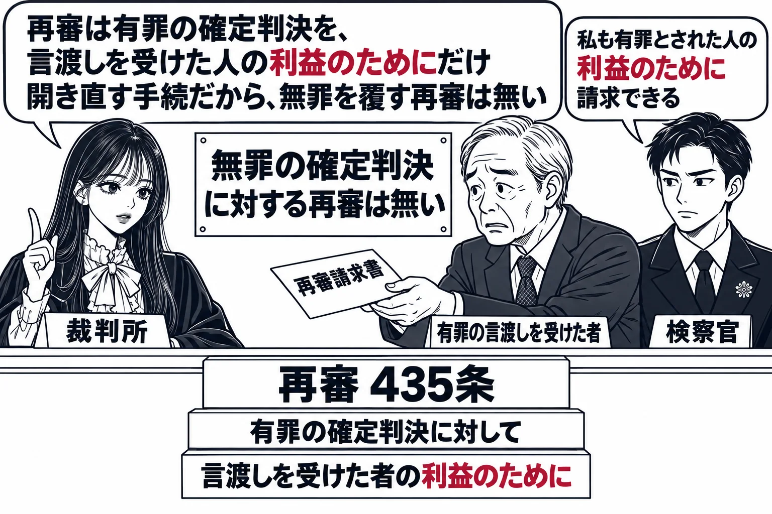 裁判所の受付で再審請求書を出す場面。先生が裁判官役（札「裁判所」）でカウンターの内側に座り、向かいに年配の男性（札「有罪の言渡しを受けた者」）が「再審請求書」と書いた封筒を差し出す。カウンターの上に立て札「再審 435条」、その下に二つの札