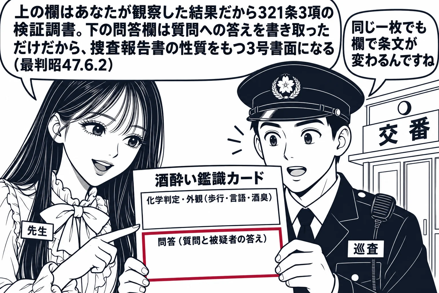 交番の前の場面。先生（札「先生」）が男性の巡査（札「巡査」）の持つ「酒酔い鑑識カード」と書かれた一枚の用紙を一緒に見ている。用紙は上下二つの欄に分かれ、上の欄に「化学判定・外観（歩行・言語・酒臭）」、下の欄に「問答（質問と被疑者の答え）」と