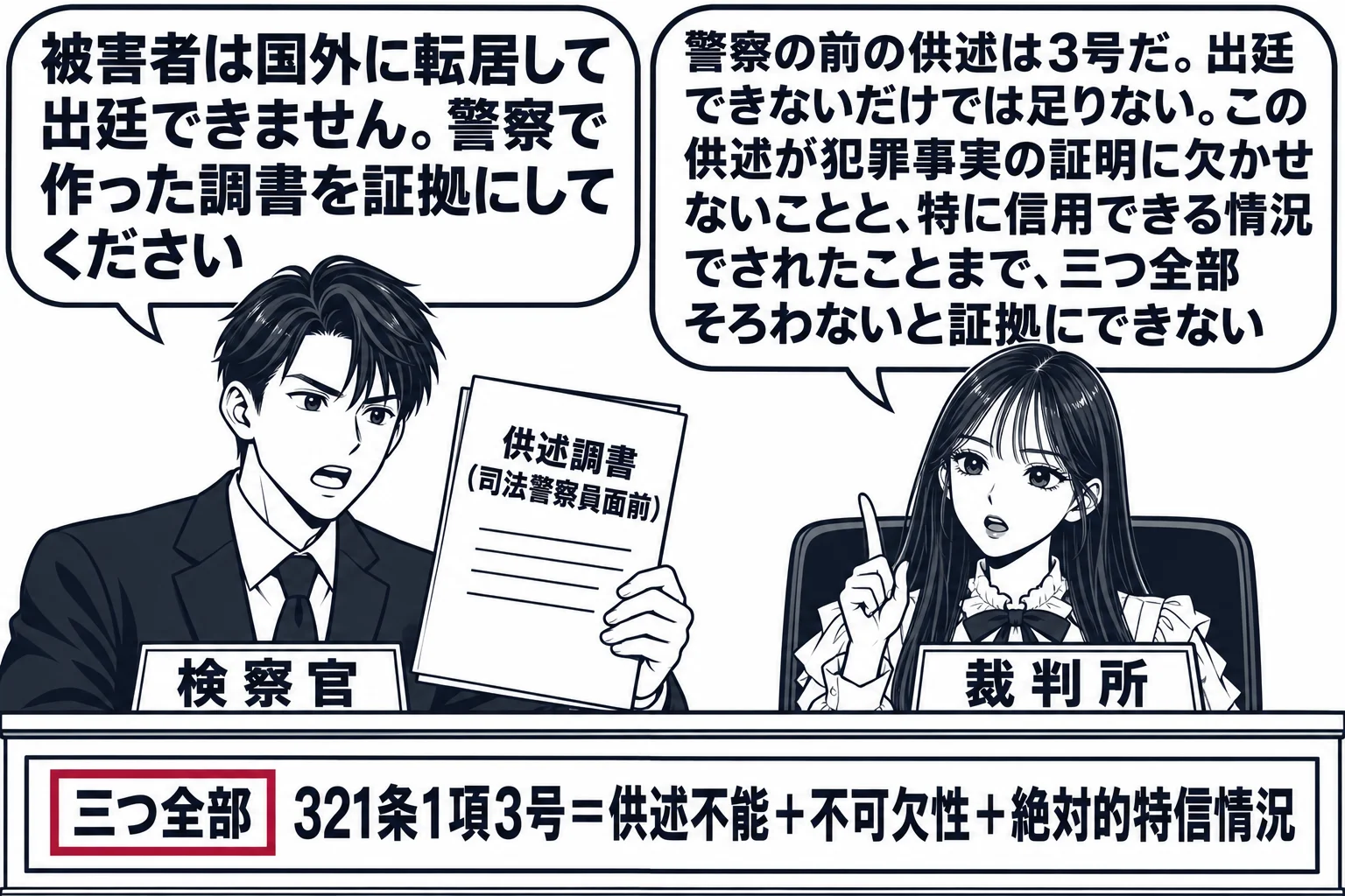 法廷の場面。先生が裁判官役（札「裁判所」）で法壇に座る。男性の検察官（札「検察官」）が「供述調書（司法警察員面前）」と書かれた書面を掲げ、吹き出し「被害者は国外に転居して出廷できません。警察で作った調書を証拠にしてください」。先生の吹き出し
