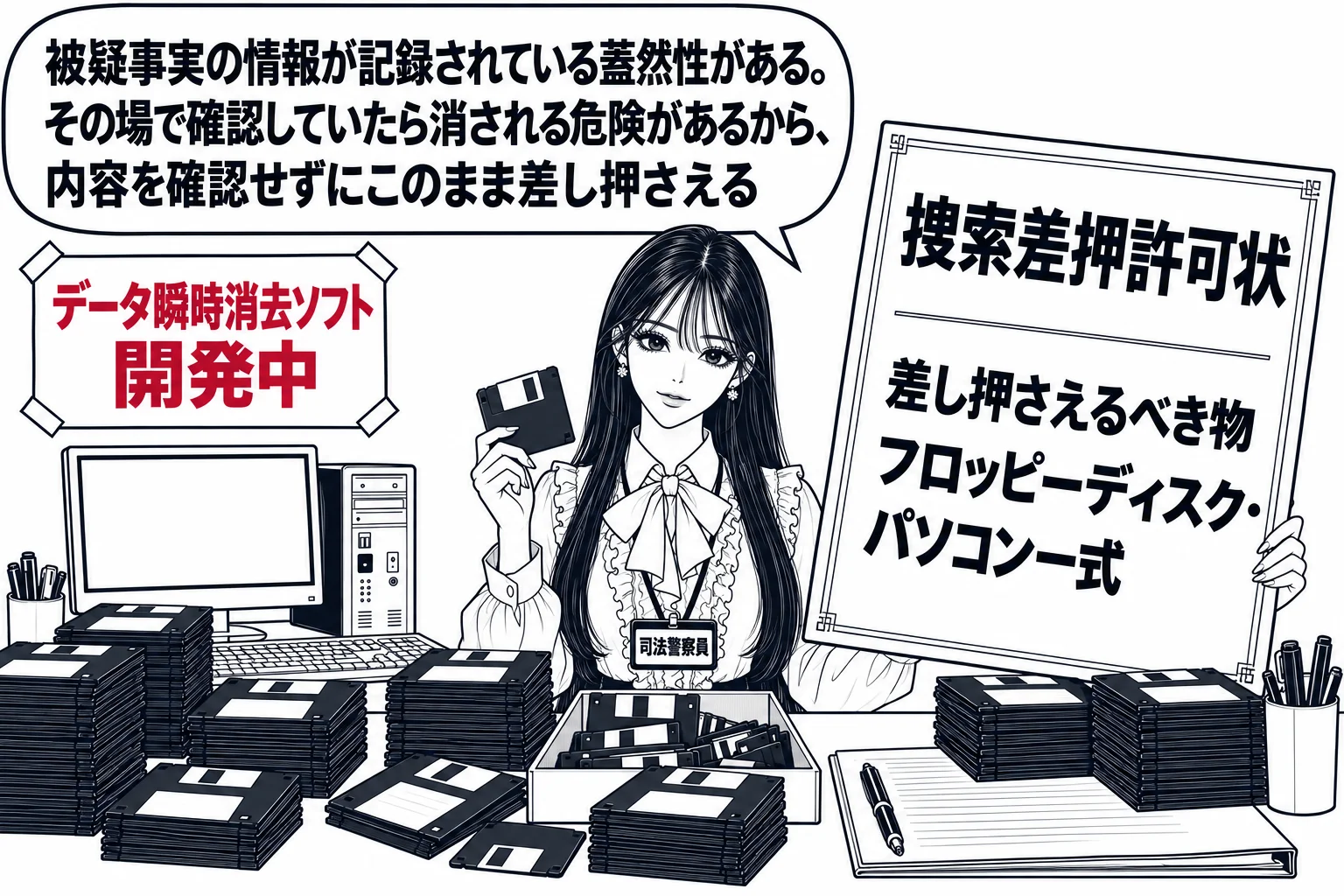 宗教団体の施設の事務室の場面。先生が警察官役（札「司法警察員」）で、机の上のパソコンと山積みのフロッピーディスクの前に立ち、一枚を手に取っている。壁に「データ瞬時消去ソフト 開発中」と書かれた貼り紙。先生の吹き出し「被疑事実の情報が記録され