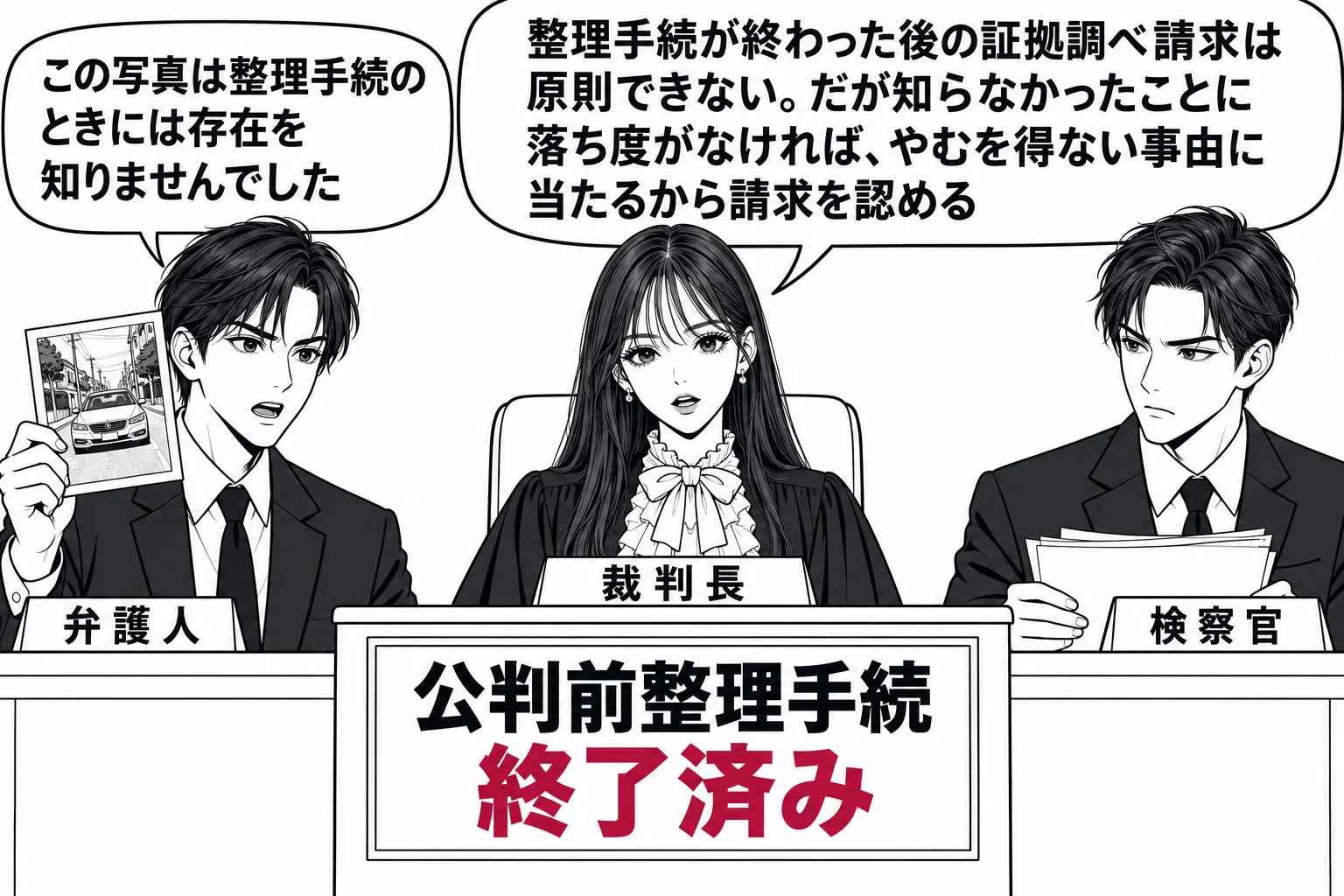 法廷の場面。先生が裁判長役（札「裁判長」）で法壇に座り、弁護人席の男性（札「弁護人」）が立ち上がって一枚の写真を掲げ、小さな吹き出し「この写真は整理手続のときには存在を知りませんでした」。検察官席に男性（札「検察官」）。法壇の前の掲示に「公