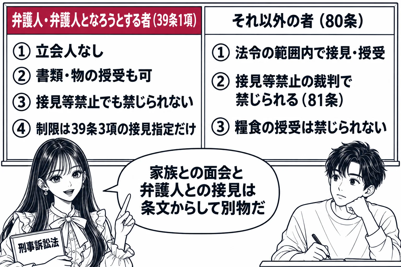 大学の教室の場面。先生が教師役（札「刑事訴訟法」）で黒板の前に立ち、黒板に二つの枠。左の枠の見出し「弁護人・弁護人となろうとする者（39条1項）」、その中に「立会人なし」「書類・物の授受も可」「接見等禁止でも禁じられない」「制限は39条3項