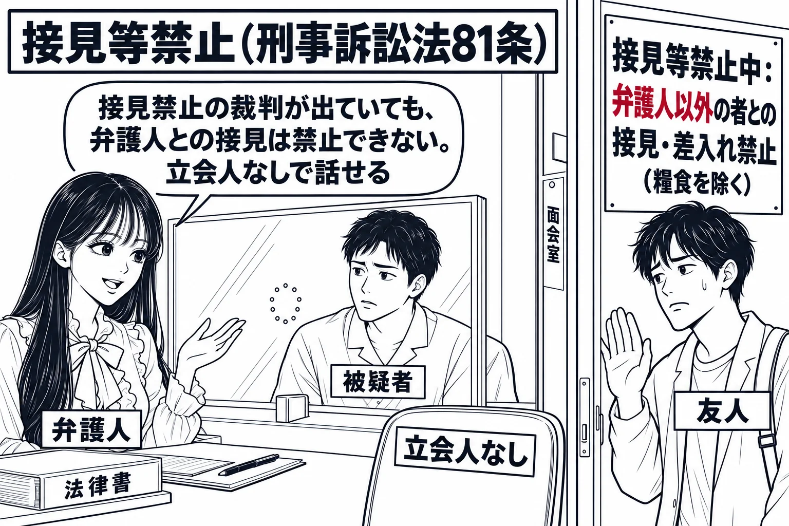 留置施設の接見室の場面。アクリル板をはさんで、先生が弁護士役（札「弁護人」）で手前に座り、向こうに男性（札「被疑者」）が座っている。立会人の椅子は空で、札「立会人なし」。接見室の扉の外の廊下に、面会を断られた男性（札「友人」）が立ち、その横