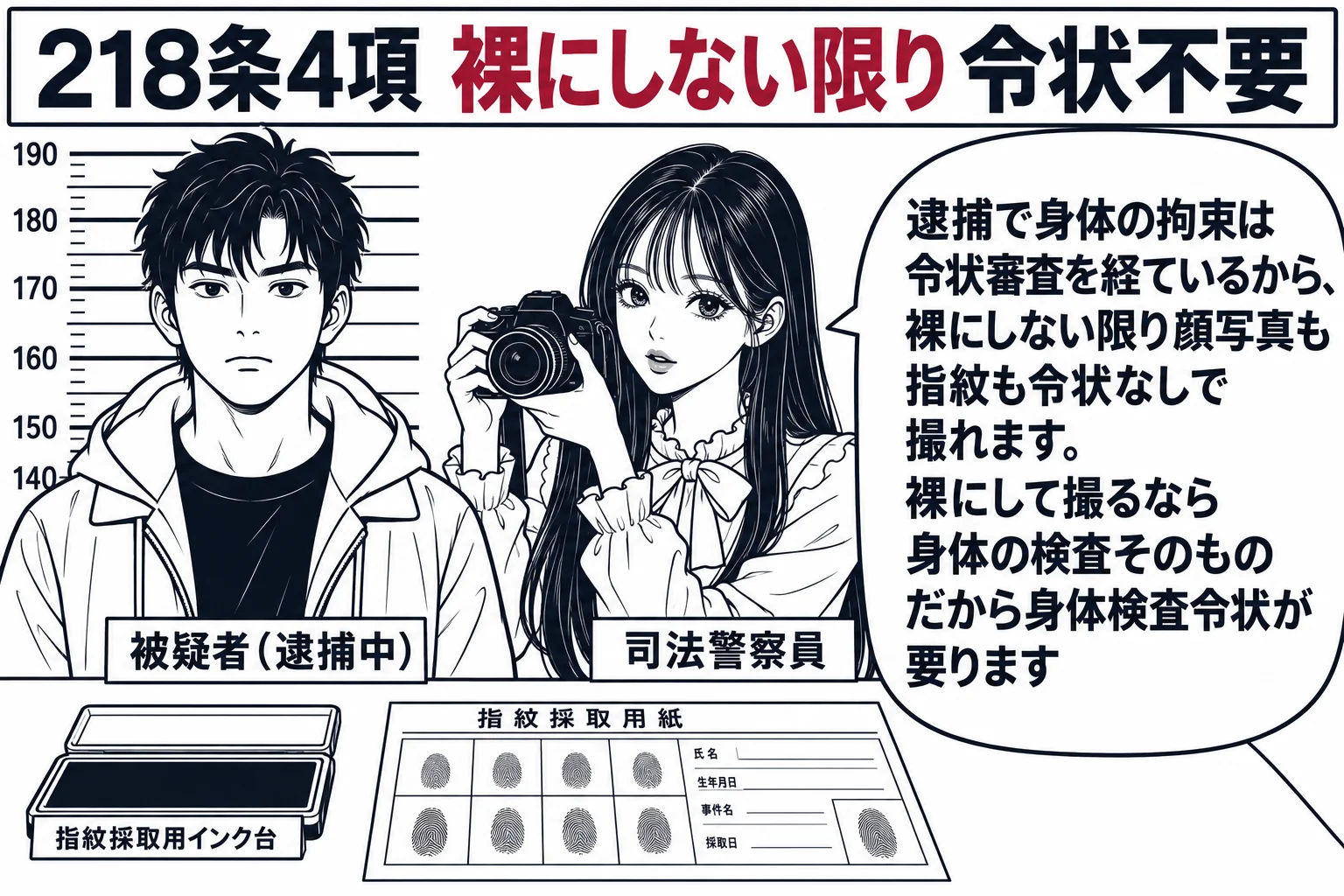 警察署の留置担当室の場面。身長を測る目盛りの前に、上着を着たままの男性（札「被疑者（逮捕中）」）が正面を向いて立ち、先生が担当の警察官役（札「司法警察員」）でカメラを構えて顔写真を撮ろうとしている。机の上に指紋採取用のインク台と用紙が置かれ