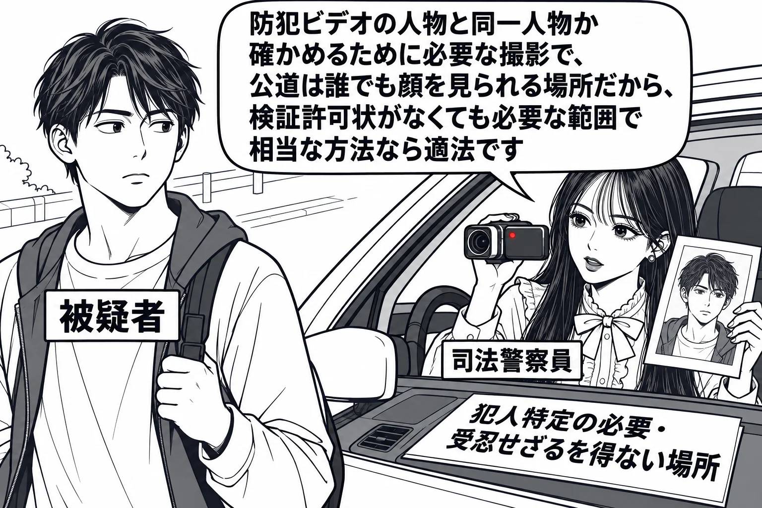 昼の公道の場面。歩道を歩く男性（札「被疑者」）が、路肩に停めた乗用車の横を通り過ぎている。先生が車内の捜査員役（札「司法警察員」）で、助手席の窓越しに小型のビデオカメラを構えている。先生の手元に防犯カメラの静止画をプリントした紙があり、そこ