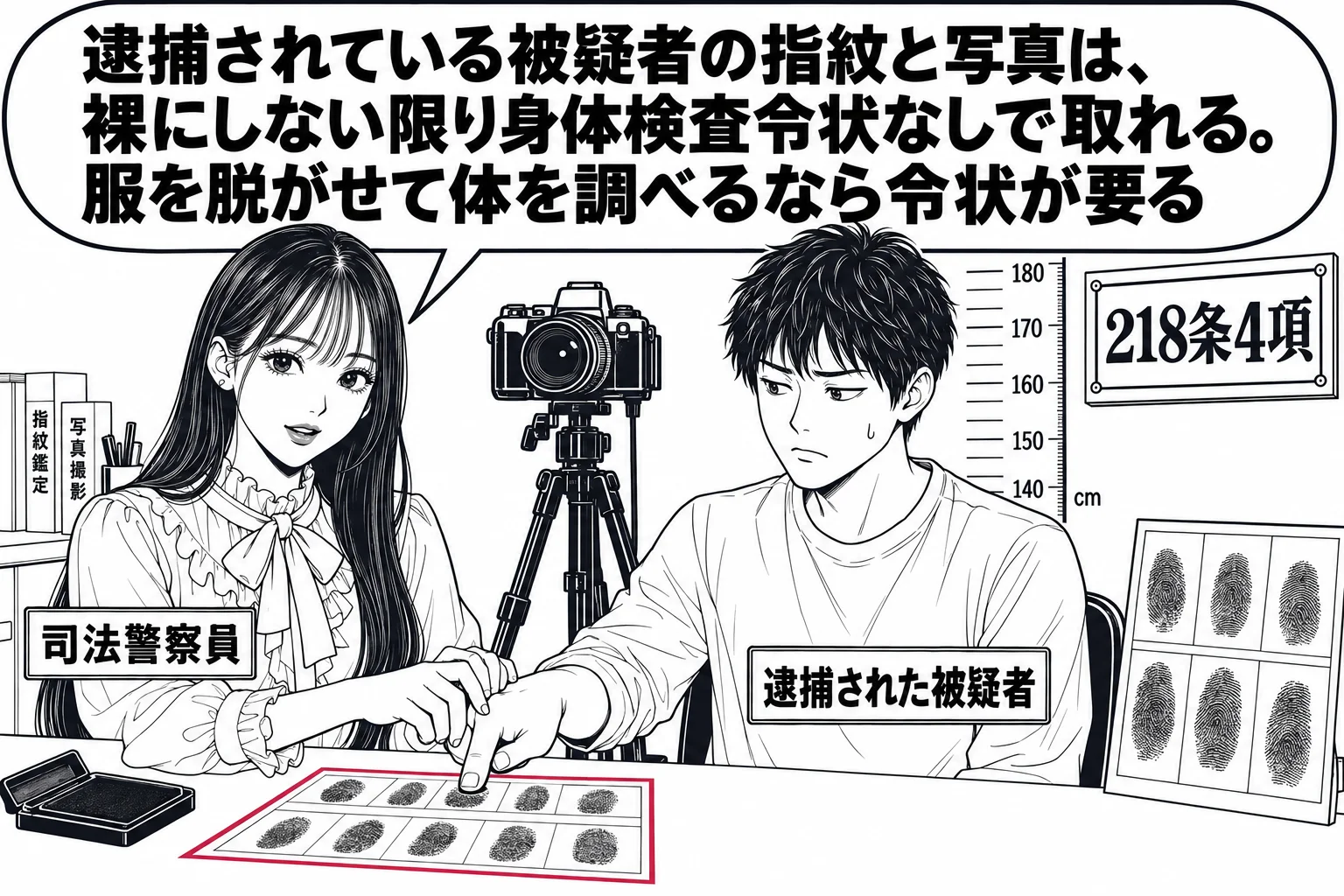 警察署の鑑識室の場面。先生が警察官役（札「司法警察員」）で、椅子に座る着衣の男性（札「逮捕された被疑者」）の指を指紋台紙に押し当てている。横にカメラが三脚で立ち、壁に身長の目盛り。先生の吹き出し「逮捕されている被疑者の指紋と写真は、裸にしな