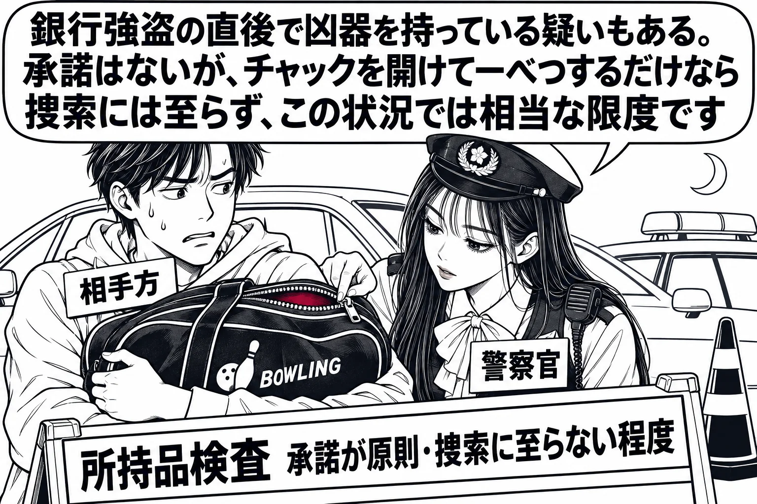 深夜の検問所の場面。路肩に停められた乗用車の脇で、男性（札「相手方」）がボーリングバッグを両腕で抱え込んでいる。先生が警察官役（札「警察官」）で、片手でバッグの施錠されていないチャックを少しだけ開け、中をのぞき込んでいる。先生の吹き出し「銀