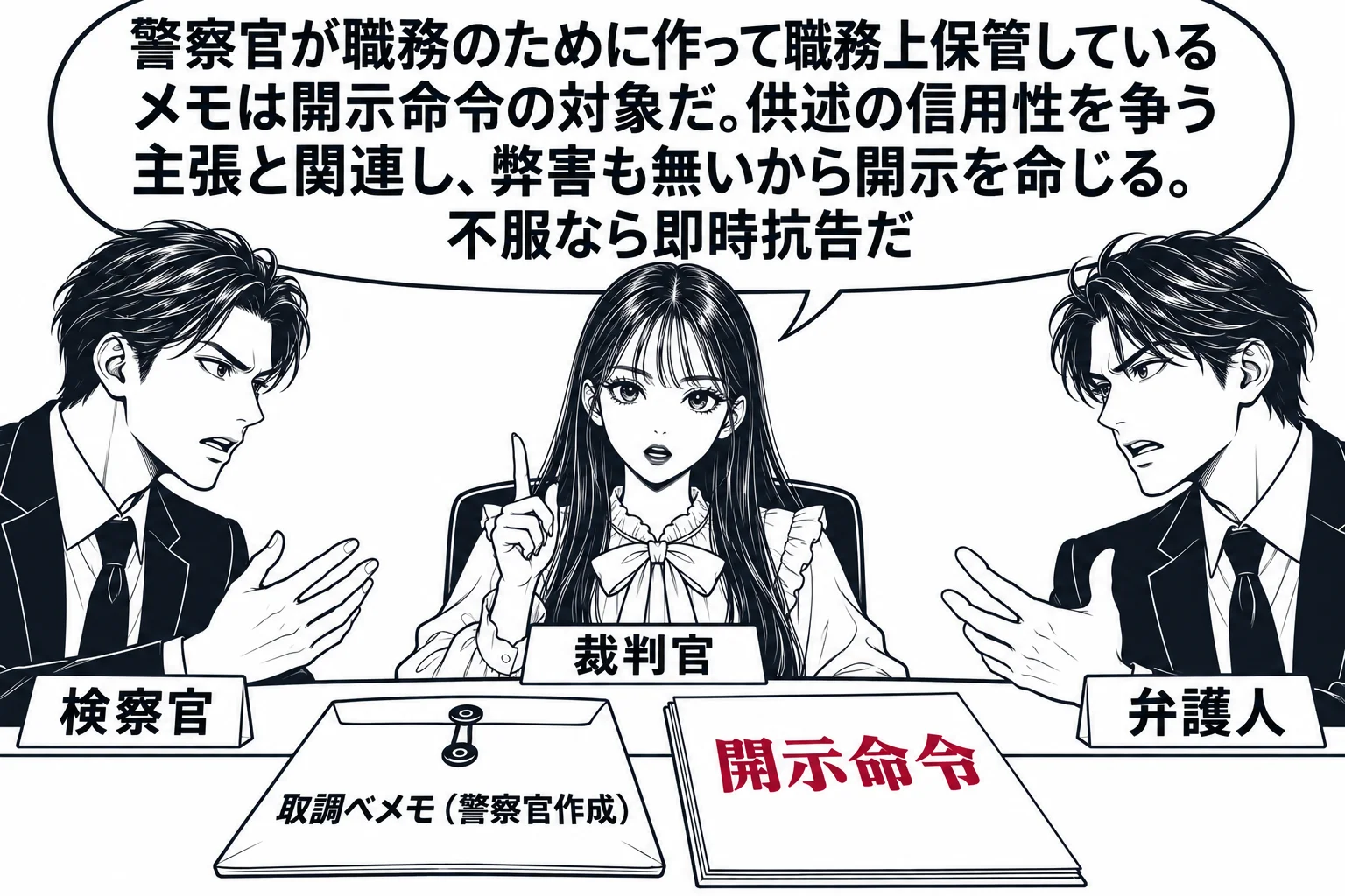 裁判官室の場面。先生が裁判官役（札「裁判官」）で机に向かい、机の上に封のされた「取調べメモ（警察官作成）」と書かれた封筒と、「開示命令」と書かれた決定書。机の前に男性の検察官（札「検察官」）と男性の弁護人（札「弁護人」）が向かい合って立って
