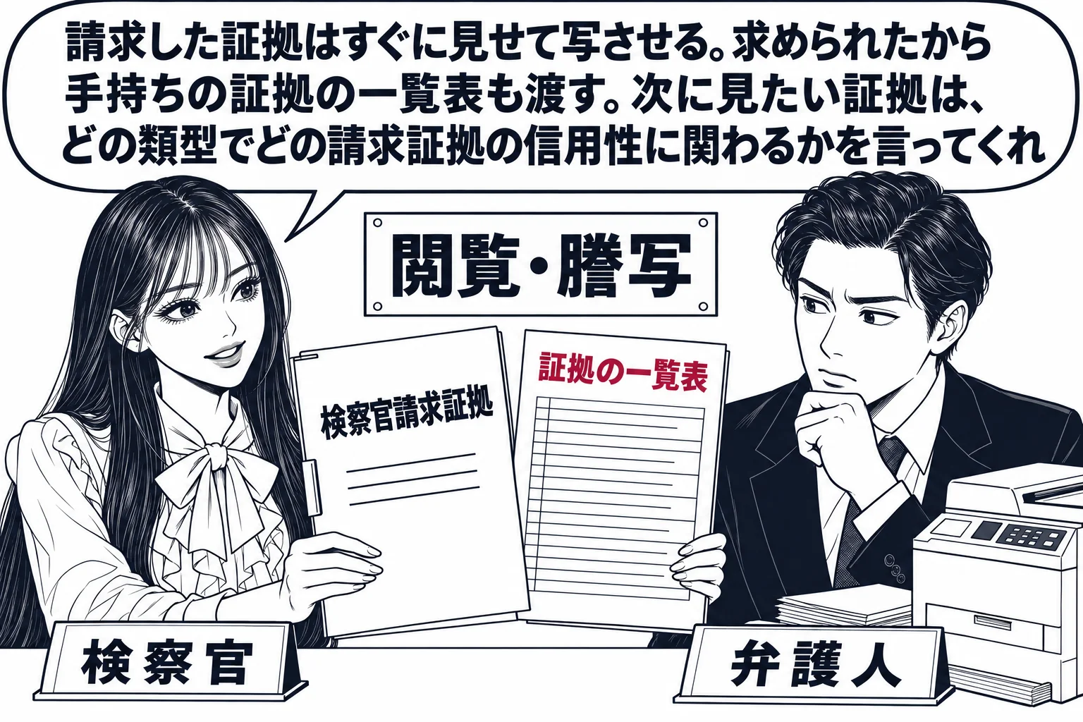検察庁の記録閲覧室の場面。先生が検察官役（札「検察官」）で、机をはさんで座る男性の弁護人（札「弁護人」）に、表紙に「検察官請求証拠」と書かれた記録と「証拠の一覧表」と書かれた紙を差し出している。弁護人の横には小さなコピー機。壁の掲示に「閲覧