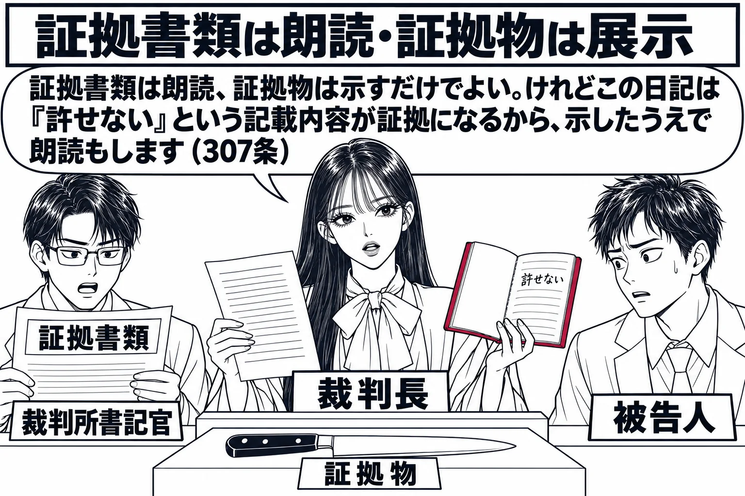 法廷の証拠調べの場面。先生が裁判長役（札「裁判長」）で法壇に立ち、右手に書類、左手に日記帳を持っている。法壇の前の証拠台に包丁（札「証拠物」）が置かれ、書記官の男性（札「裁判所書記官」）が供述調書（札「証拠書類」）を朗読している。被告人席の