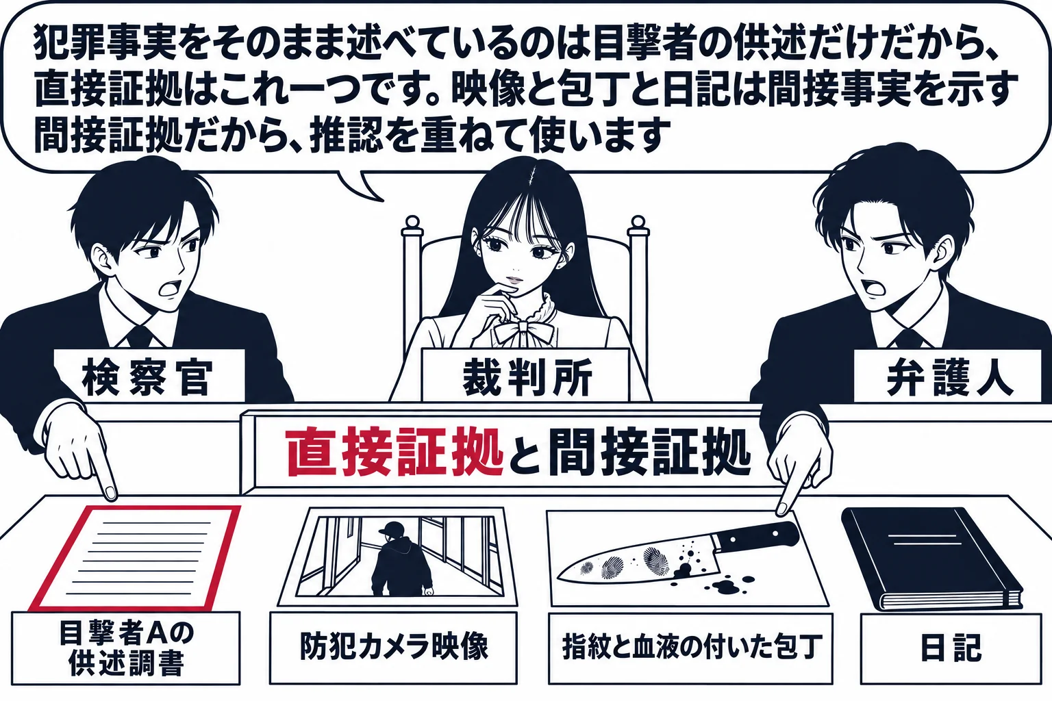 法廷の場面。先生が裁判官役（札「裁判所」）で法壇に座り、目の前の証拠台に並んだ六つの証拠を見渡している。証拠台には左から、目撃者の供述を記した調書（札「目撃者Aの供述調書」）、防犯カメラの静止画（札「防犯カメラ映像」）、包丁（札「指紋と血液