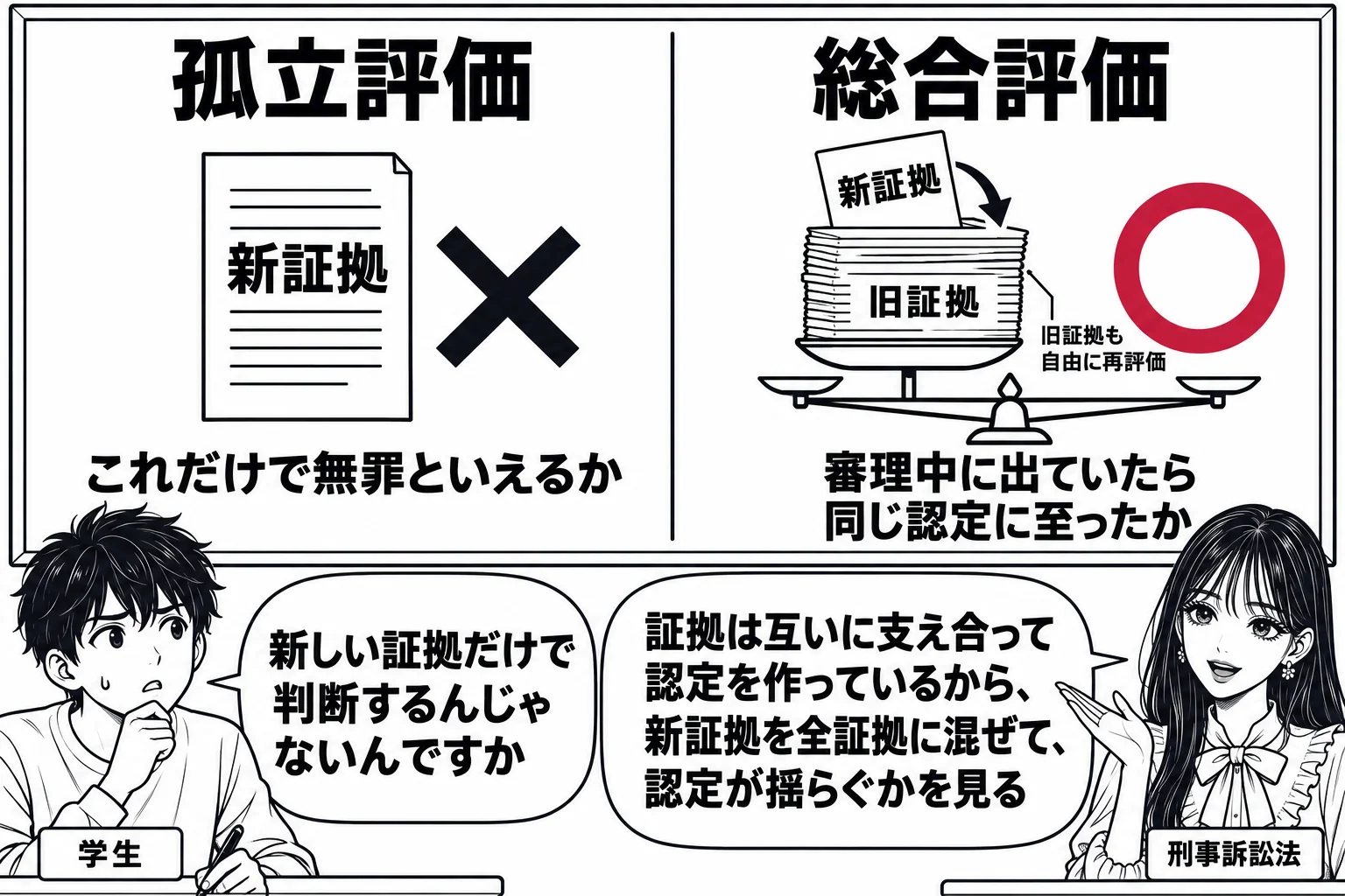 教室で先生が教師役（札「刑事訴訟法」）が黒板の前に立つ場面。黒板の左半分に見出し「孤立評価」で、一枚の紙（札「新証拠」）だけが単独で置かれた絵と「これだけで無罪といえるか」の添え書き。右半分に見出し「総合評価」で、一枚の紙（札「新証拠」）が