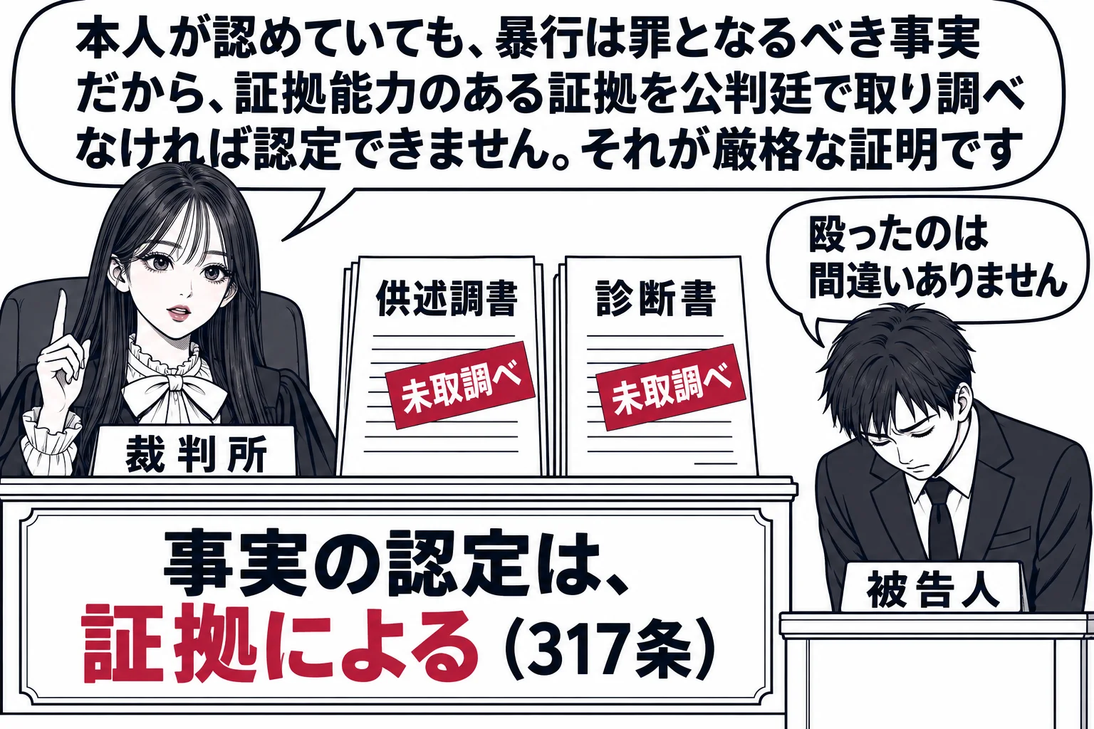 法廷の場面。先生が裁判官役（札「裁判所」）で法壇に座り、被告人席の男性（札「被告人」）が立って頭を下げている。被告人の吹き出し「殴ったのは間違いありません」。法壇の上には供述調書と診断書が置かれ、まだ取り調べられていないことを示す「未取調べ
