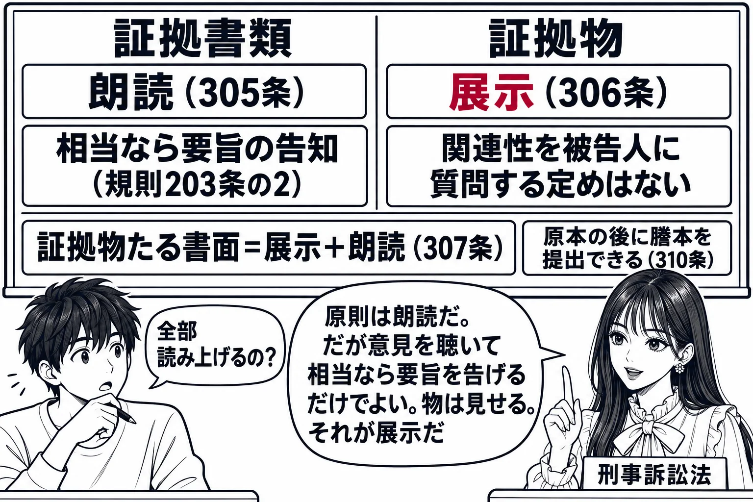 大学の教室で先生が教師役（札「刑事訴訟法」）が黒板の前に立つ場面。黒板を縦線で二分し、左の見出し「証拠書類」の下に札「朗読（305条）」「相当なら要旨の告知（規則203条の2）」、右の見出し「証拠物」の下に札「展示（306条）」「関連性を被