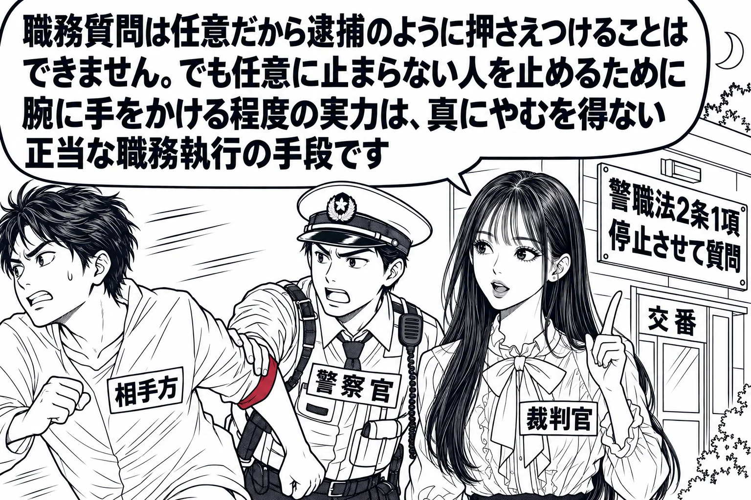 夜の駐在所前の路上の場面。制服の警察官（札「警察官」）が、走って逃げる男性（札「相手方」）を追いかけ、背後からその腕に軽く手をかけている。先生が少し後ろに立つ裁判官役（札「裁判官」）で、二人を見ながら説明している。先生の吹き出し「職務質問は