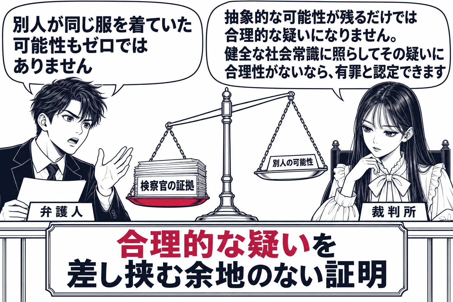 法廷の場面。先生が裁判官役（札「裁判所」）で法壇に座り、手元の天秤を見ている。天秤の左の皿には「検察官の証拠」と書かれた分厚い束、右の皿には「別人の可能性」と書かれた薄い紙切れ一枚が載り、左に大きく傾いている。被告人席の男性弁護人（札「弁護