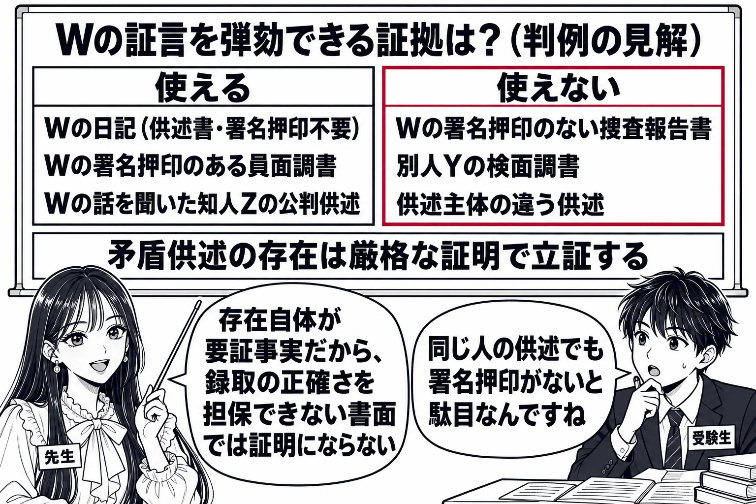 教室の場面。先生が教師役（札「先生」）で黒板の前に立ち、指し棒で板書を指している。黒板の見出し「Wの証言を弾劾できる証拠は？（判例の見解）」の下に左右二列。左列の見出し「使える」の下に「Wの日記（供述書・署名押印不要）」「Wの署名押印のある
