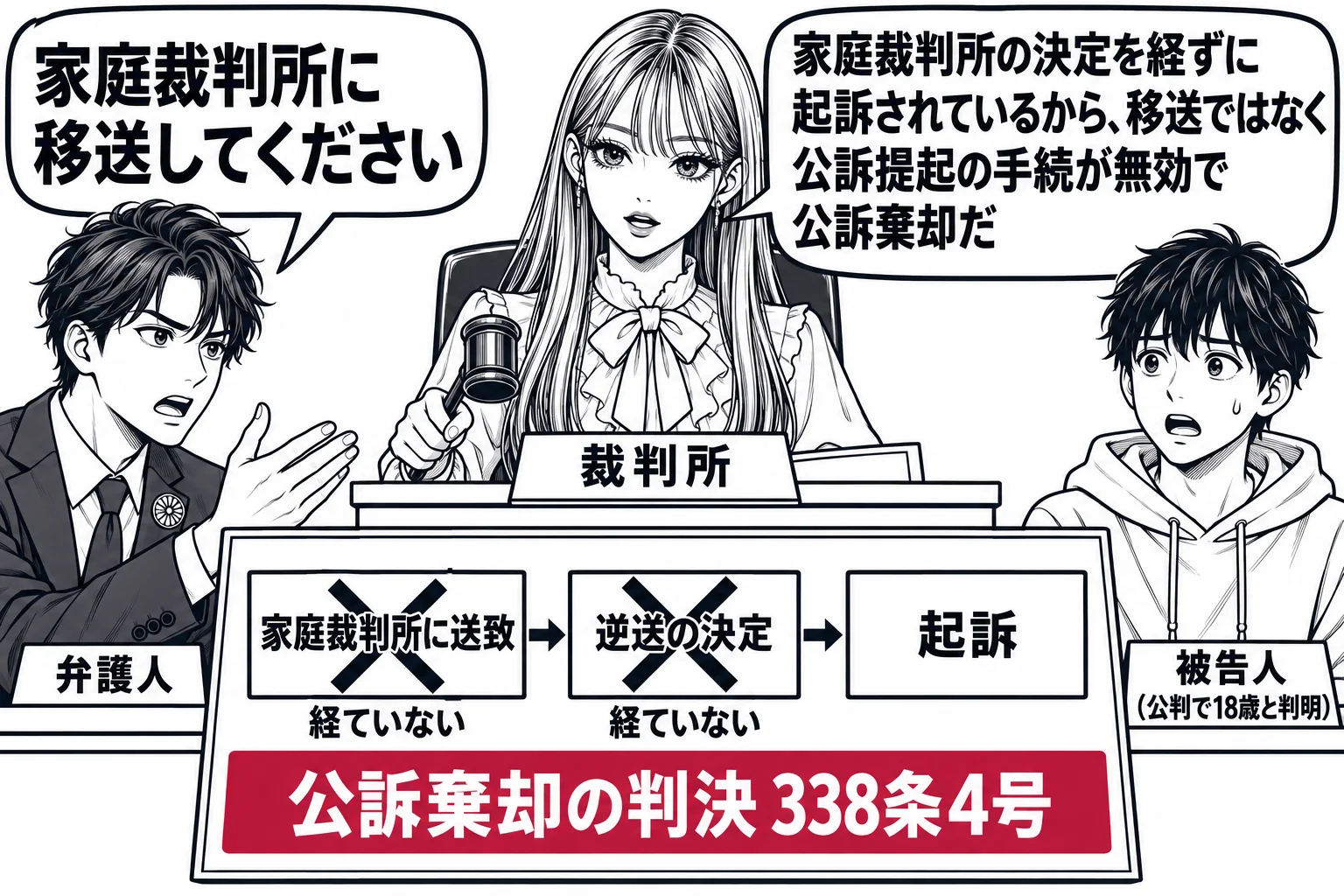 地方裁判所の法廷の場面。先生が裁判官役（札「裁判所」）で法壇に座り、被告人席の若い男性（札「被告人（公判で18歳と判明）」）。弁護士バッジの男性（札「弁護人」）が「家庭裁判所に移送してください」と吹き出し。法壇の前に流れ図の板があり、左から