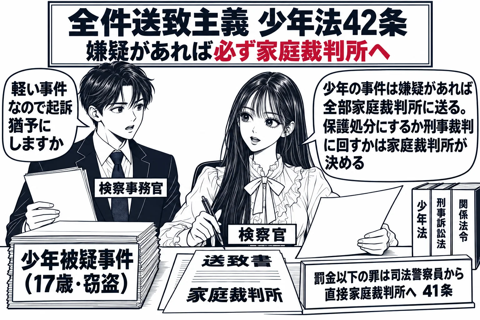 検察庁の執務室の場面。先生が検察官役（札「検察官」）で机に座り、机の上に「少年被疑事件（17歳・窃盗）」と書いた記録と、宛名「家庭裁判所」と書いた送致書。横に立つ若い男性の検察事務官（札「検察事務官」）が「軽い事件なので起訴猶予にしますか」
