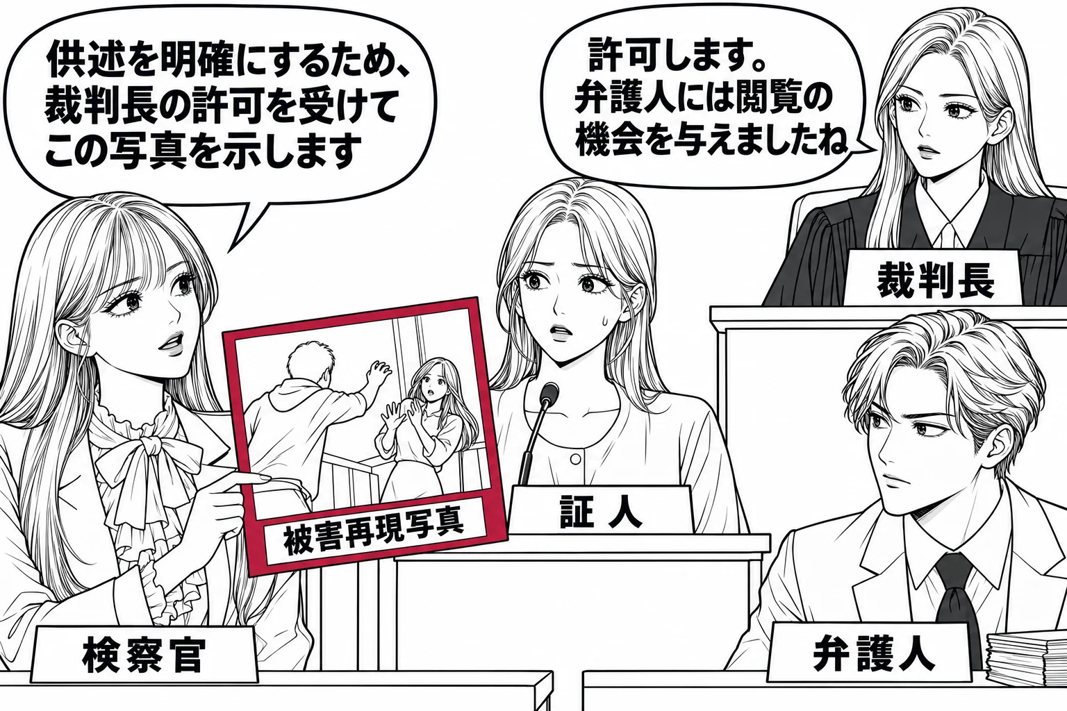 法廷の証人尋問の場面。先生が検察官役（札「検察官」）で立ち、証言台の女性（札「証人」）に一枚の写真（札「被害再現写真」）を見せようとして、法壇の裁判長（札「裁判長」）の方を向いている。先生の吹き出し「供述を明確にするため、裁判長の許可を受け